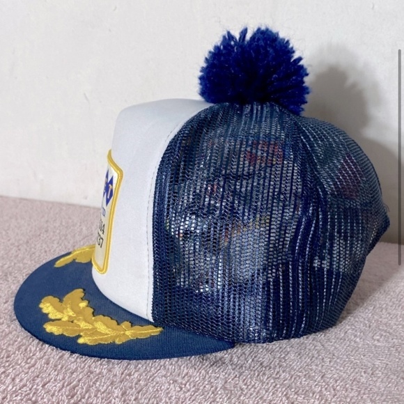 Vintage Mikbet Grader Services Navy Blue Mesh Back Trucker Hat W Pom Pom - Picture 3 of 10